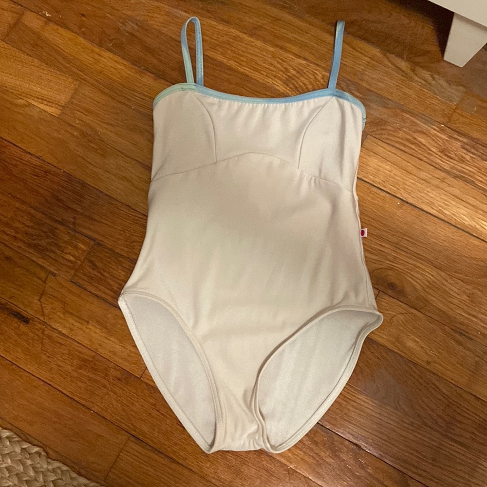 Yumiko Leotard White w/ Tie Dye Blue Trim